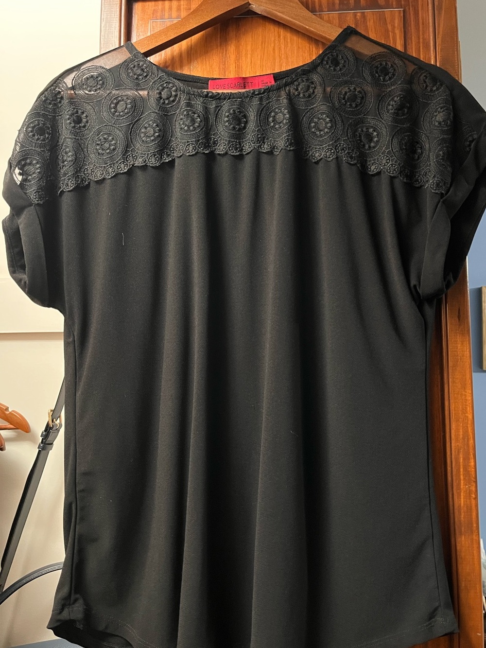 Black Lace Yoke Short Sleeve Blouse